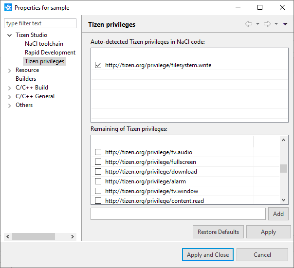 Figure 1. Adding Tizen privileges