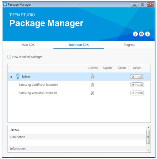 In the Extras category, accept the License Agreement and install Certificate Extension and Wearable Extension for 2.3.2.